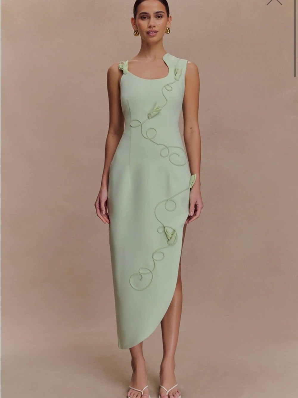 Meshki Virginia Mint Green Sleeveless Midi Dress with Floral Swirl Details